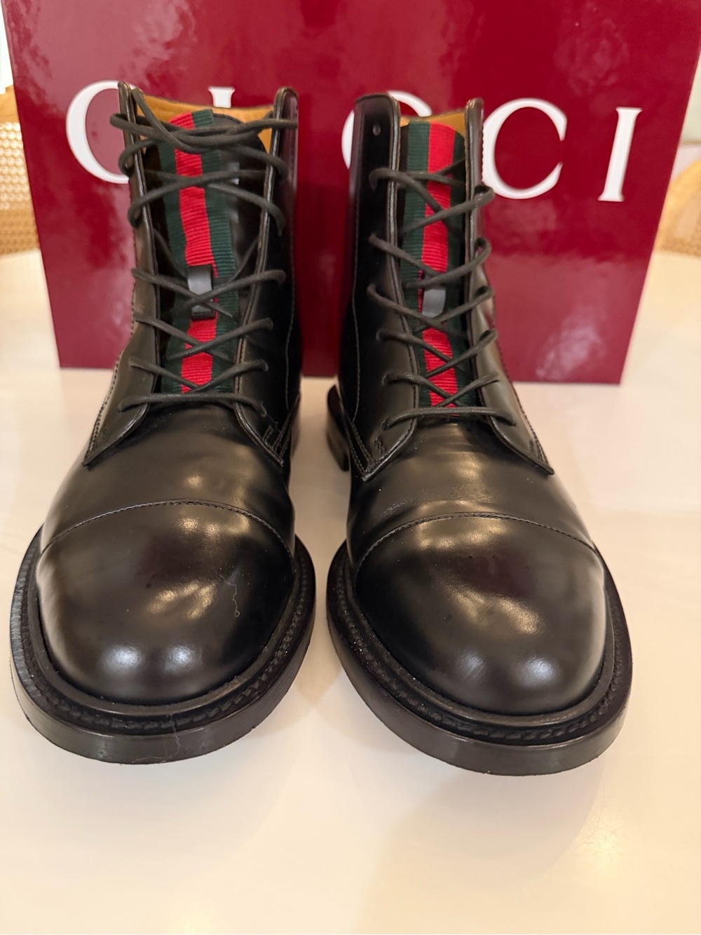 Men’s Gucci Black Leather Lace-Up Boots with Red & Green Web Stripe UK 7